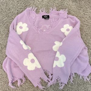 off the shoulder light purple fringe daisy sweater